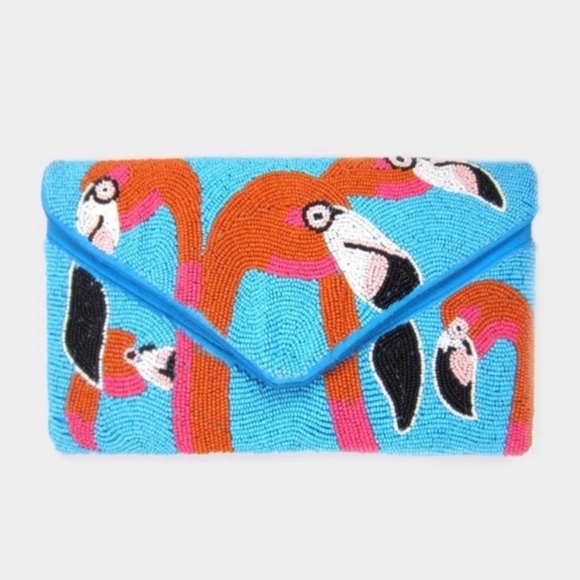 Flamingo Head Accented Seed Beaded Clutch / Crossbody Bag - Picture 3 of 7